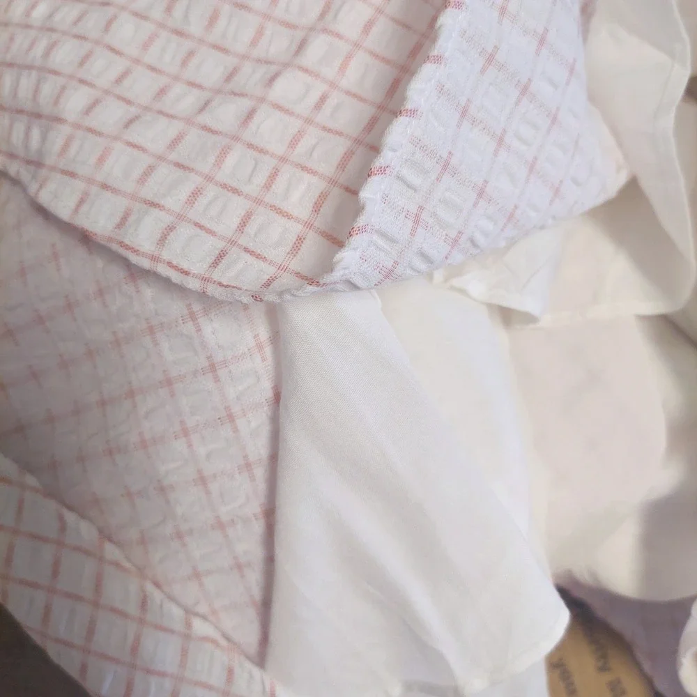 Storia Pink White Puff‎ Sleeve Babydoll Mini Dress Square Neck L Coquette Preppy